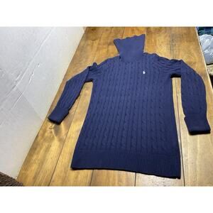 Ralph Lauren Sport Turtleneck Cable Knit Sweater Dress Cotton Navy Medium